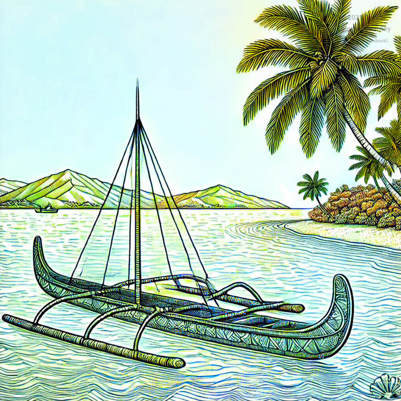 19. Fijian outrigger canoe at sea