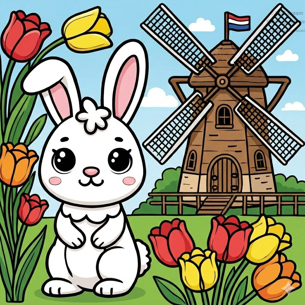 10. Netherlands: Windmill and Tulips with a Rabbit