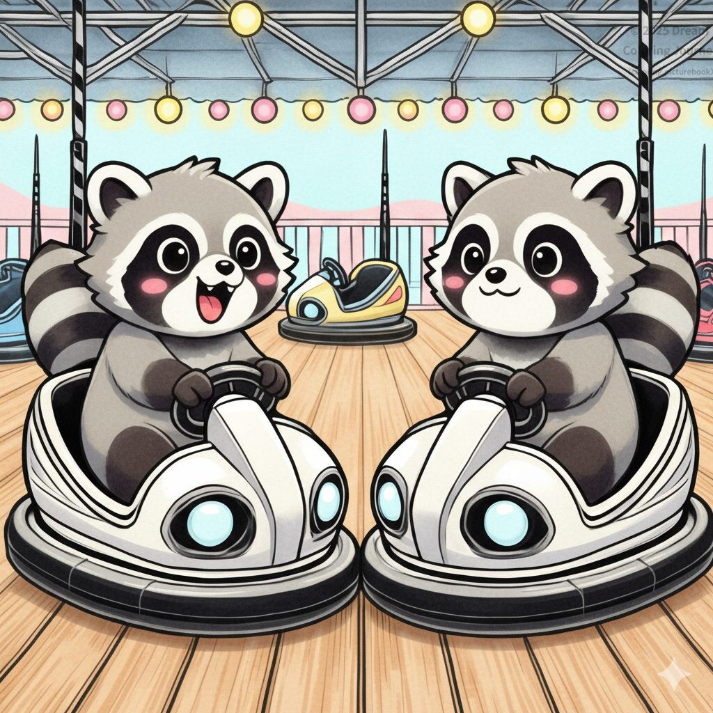 14. Tanuki (raccoon dog) brothers driving Bumper Cars
