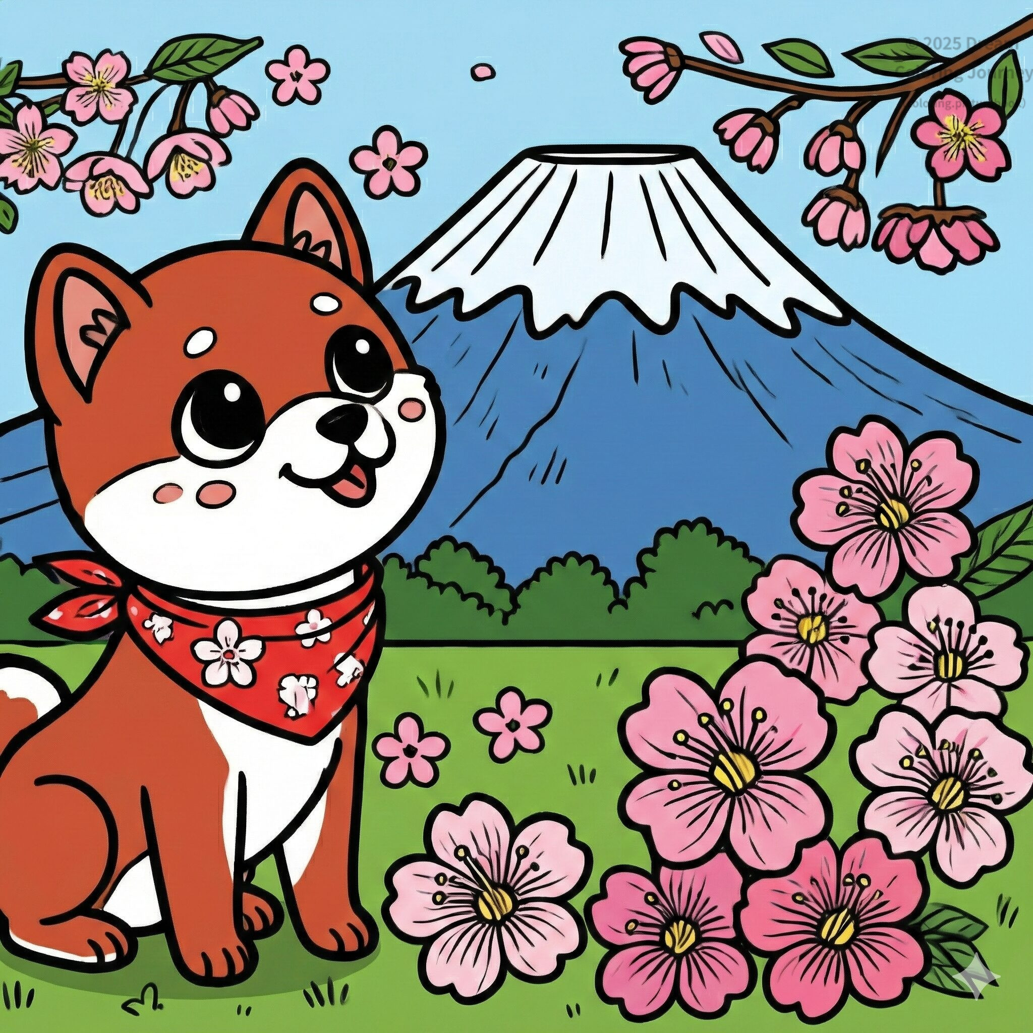 1. Japan: Mt. Fuji and Cherry Blossoms with a Shiba Inu