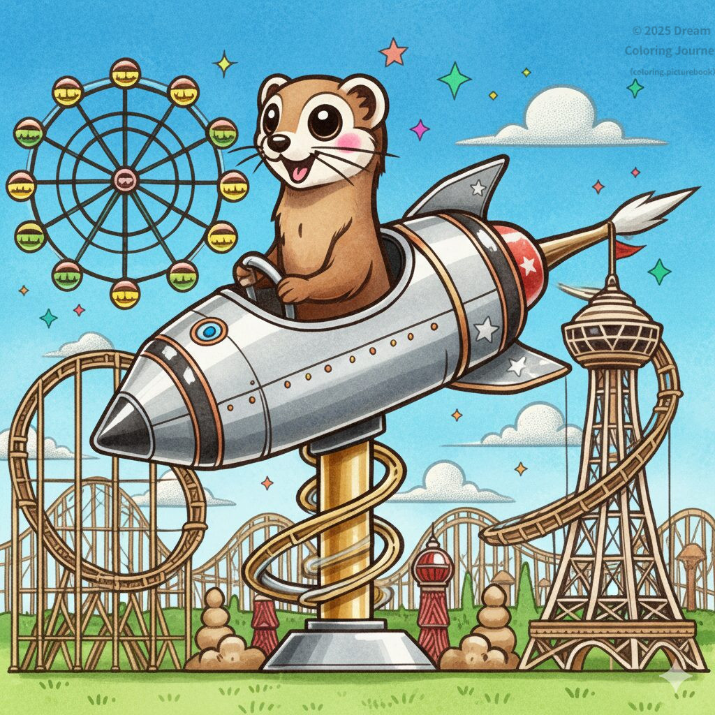 21. Weasel on a Rocket Ride (Astro Orbiter style)