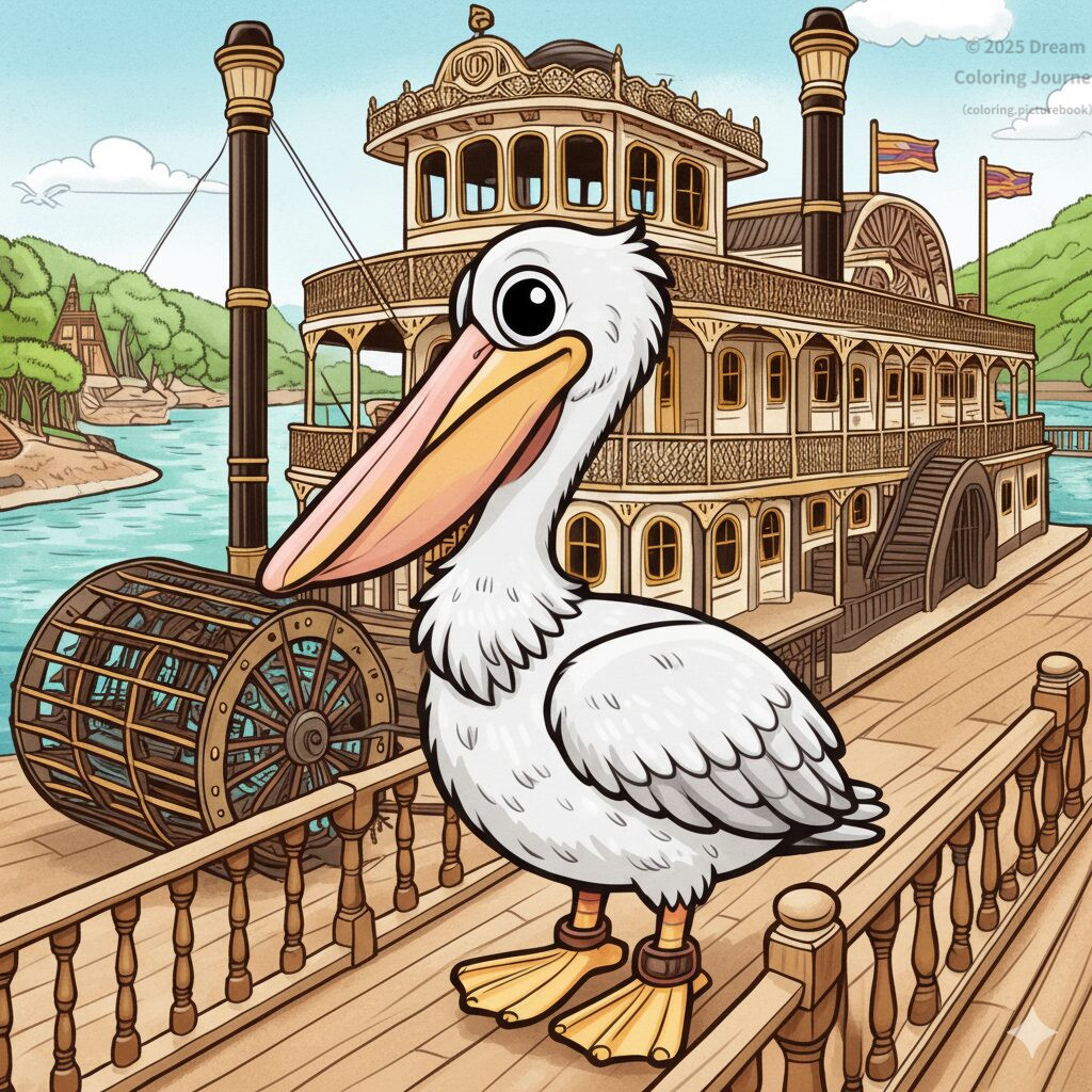 22. Pelican on the deck of a Riverboat Steamer