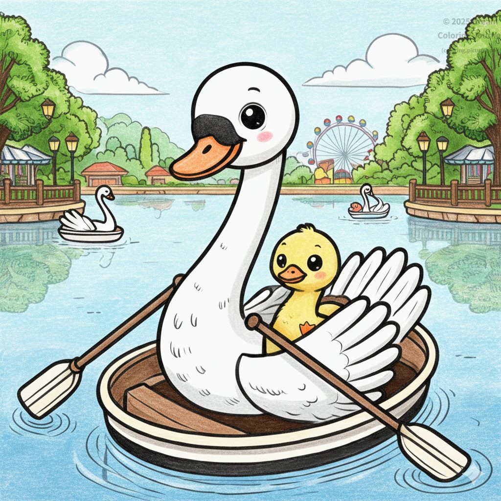 24. Swan family paddling a Swan Boat