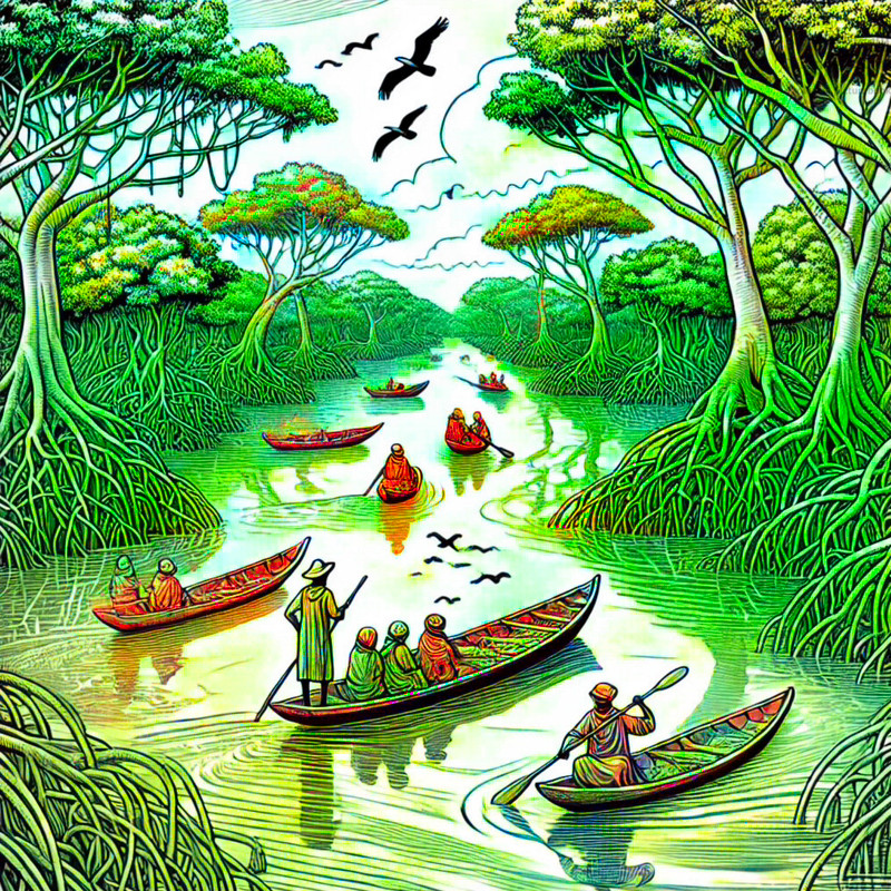 7. Saloum Delta mangrove waterways with canoes