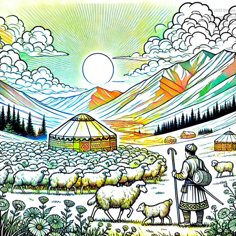 20. Mountain pasture with shepherd and sheep