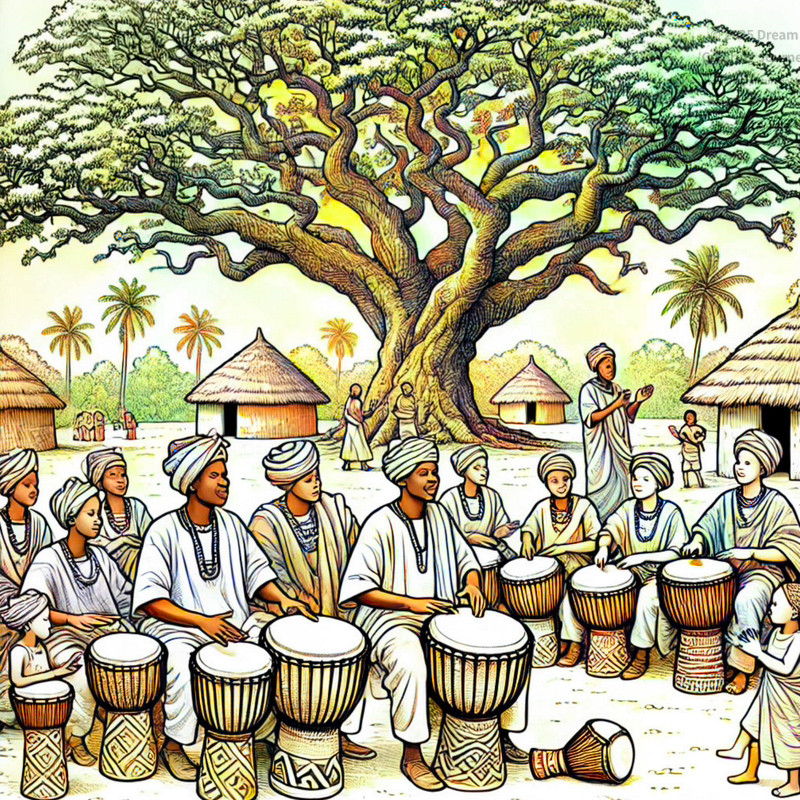 20. Local drummers playing djembe under a tree