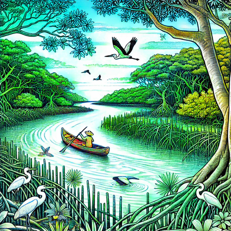 21. Mangrove lagoon with birds and canoe