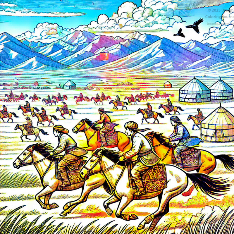 22. Nomads riding horses across the steppe