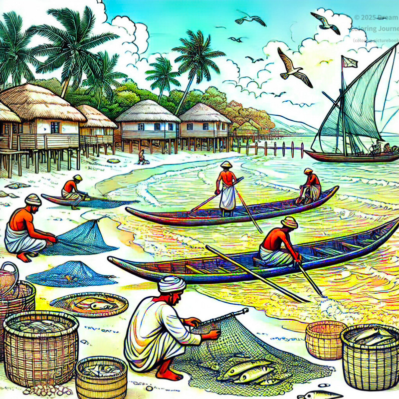 22. Fishing village repairing nets by the sea