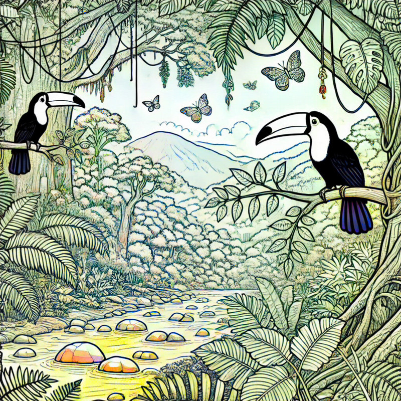 23. Tropical rainforest wildlife scene with toucans