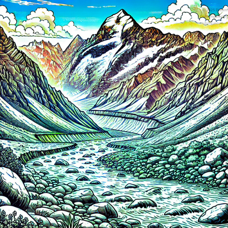 23. High mountain glacier and river valley