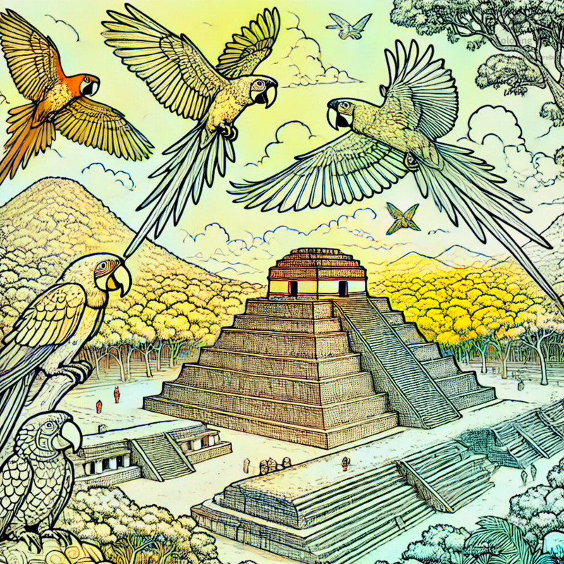 2. Macaws flying over Copán archaeological site