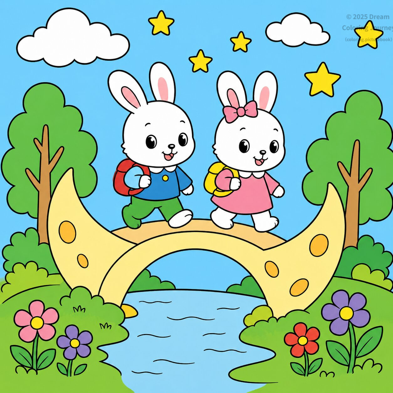 1. Rabbit Friends Crossing a Moon Bridge